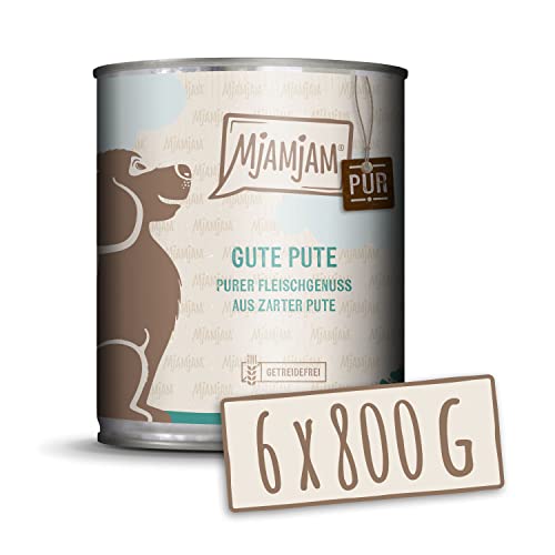 MjAMjAM - Premium Nassfutter für Hunde - purer Fleischgenuss - gute Pute pur 800g, 6er Pack (6 x 800g), naturbelassen mit extra viel Fleisch von MjAMjAM