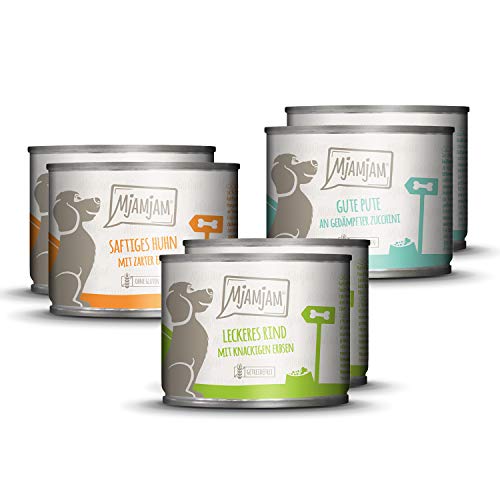 MjAMjAM - Premium Nassfutter für Hunde - Mixpaket I - Huhn & Ente, Rind, Pute, 6er Pack (6 x 200 g), naturbelassen mit extra viel Fleisch von MjAMjAM
