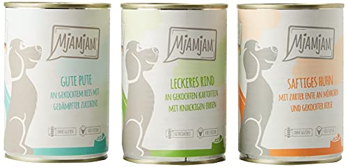 MjAMjAM - Premium Nassfutter für Hunde - Mixpaket I - Huhn & Ente, Rind, Pute, 6er Pack (6 x 400 g), naturbelassen mit extra viel Fleisch von MjAMjAM