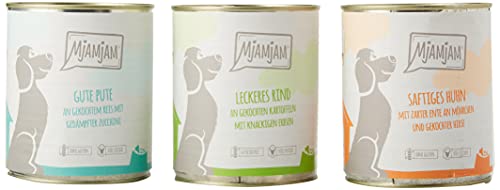MjAMjAM - Premium Nassfutter für Hunde - Mixpaket I - Huhn & Ente, Rind, Pute, 6er Pack (6 x 800 g), naturbelassen mit extra viel Fleisch von MjAMjAM