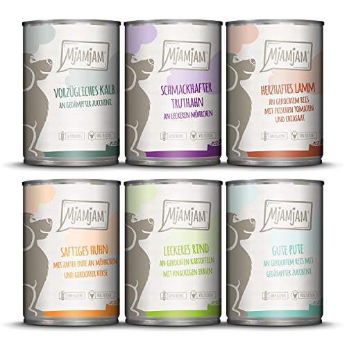 MjAMjAM - Premium Nassfutter für Hunde - Mixpaket II - mit Huhn & Ente, Rind, Pute, Kalb, Truthahn, Lamm, 6er Pack (6 x 400 g), naturbelassen mit extra viel Fleisch von MjAMjAM