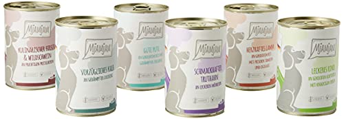 MjAMjAM - Premium Nassfutter für Hunde - Mixpaket II - mit Huhn & Ente, Rind, Pute, Kalb, Truthahn, Lamm, 6er Pack (6 x 400 g), naturbelassen mit extra viel Fleisch von MjAMjAM
