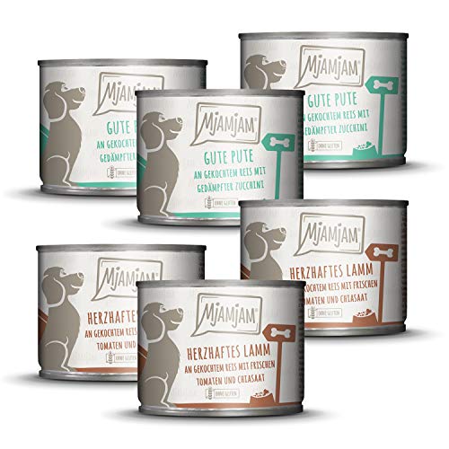 MjAMjAM - Premium Nassfutter für Hunde - Monopaket I - mit Lamm und Pute, 6er Pack (6 x 200 g), naturbelassen mit extra viel Fleisch von MjAMjAM