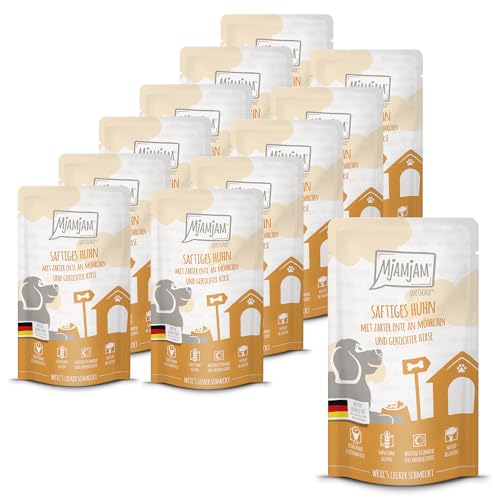 MjAMjAM - Premium Nassfutter für Hunde - Quetschie - saftiges Huhn mit zarter Ente an Möhrchen und gekochter Hirse, 12er Pack (12 x 125g), glutenfrei mit extra viel Fleisch von MjAMjAM