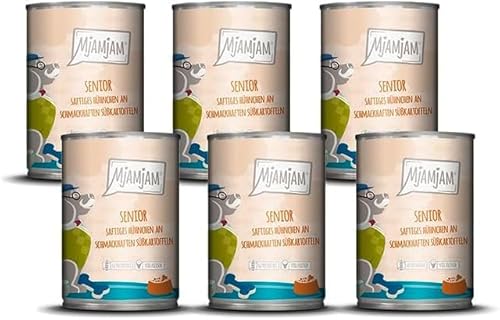 MjAMjAM - Premium Nassfutter für Hunde - Senior - saftiges Hühnchen an schmackhaften Süßkartoffeln, 6er Pack (6x400g), getreidefrei von MjAMjAM