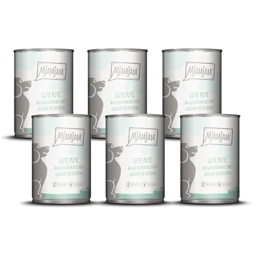 MjAMjAM - Premium Nassfutter für Hunde - gute Pute an gekochtem Reis mit gedämpfter Zucchini, 6er Pack (6 x 400 g), naturbelassen mit extra viel Fleisch von MjAMjAM