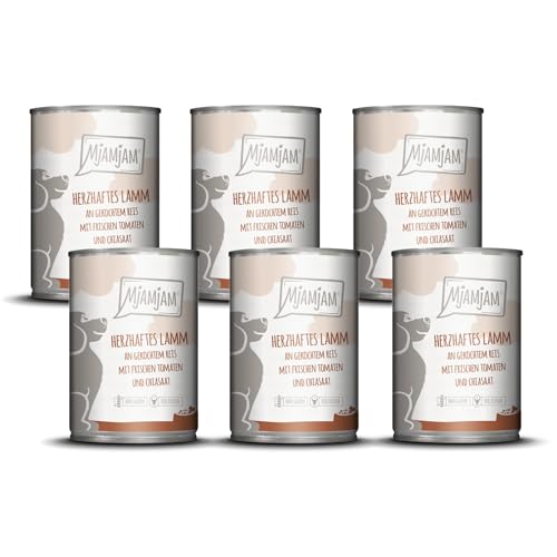 MjAMjAM - Premium Nassfutter für Hunde - herzhaftes Lamm an gekochtem Reis mit frischen Tomaten, 6er Pack (6 x 400 g), naturbelassen mit extra viel Fleisch von MjAMjAM