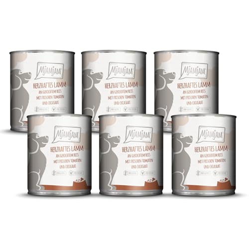 MjAMjAM - Premium Nassfutter für Hunde - herzhaftes Lamm an gekochtem Reis mit frischen Tomaten, 6er Pack (6 x 800 g), naturbelassen mit extra viel Fleisch von MjAMjAM