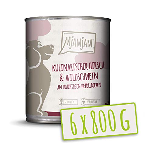 MjAMjAM - Premium Nassfutter für Hunde - kulinarischer Hirsch & Wildschwein an Preiselbeeren, 6er Pack (6 x 800 g), getreidefrei mit extra viel Fleisch von MjAMjAM