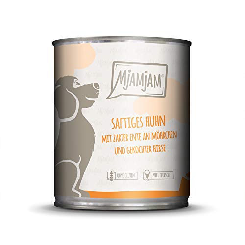 MjAMjAM - Premium Nassfutter für Hunde - saftiges Huhn mit zarter Ente an Möhrchen und gekochter Hirse, 1er Pack (1 x 800 g), getreidefrei mit extra viel Fleisch von MjAMjAM