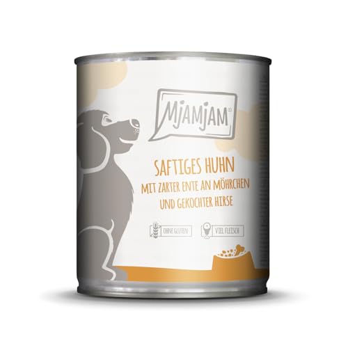 MjAMjAM - Premium Nassfutter für Hunde - saftiges Huhn mit zarter Ente an Möhrchen und gekochter Hirse, 1er Pack (1 x 800 g), getreidefrei mit extra viel Fleisch von MjAMjAM