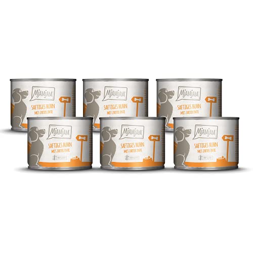 MjAMjAM - Premium Nassfutter für Hunde - saftiges Huhn mit zarter Ente an Möhrchen und gekochter Hirse, 6er Pack (6 x 200 g), naturbelassen mit extra viel Fleisch von MjAMjAM