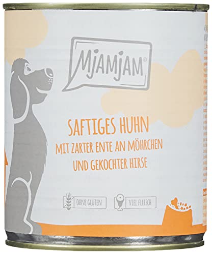 MjAMjAM - Premium Nassfutter für Hunde - saftiges Huhn mit zarter Ente an Möhrchen und gekochter Hirse, 6er Pack (6 x 800 g), naturbelassen mit extra viel Fleisch von MjAMjAM