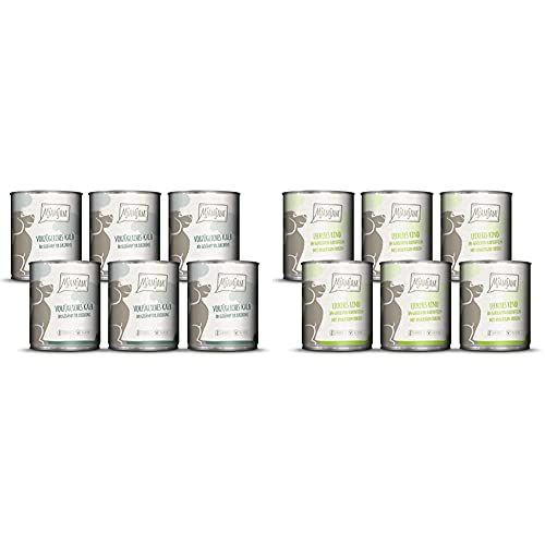 MjAMjAM - Premium Nassfutter für Hunde - vorzügliches Kalb an gedämpfter Zucchini (6 x 800 g) & Premium Nassfutter für Hunde - leckeres Rind an gekochten Kartoffeln mit knackigen Erbsen (6 x 800 g) von MjAMjAM