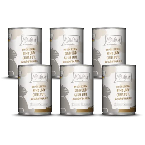 MjAMjAM - Premium Nassfutter für Katzen - DUO von leckerem Rind & guter Pute an gedämpftem Kürbis, 6er Pack (6 x 400 g), getreidefrei mit extra viel Fleisch von MjAMjAM