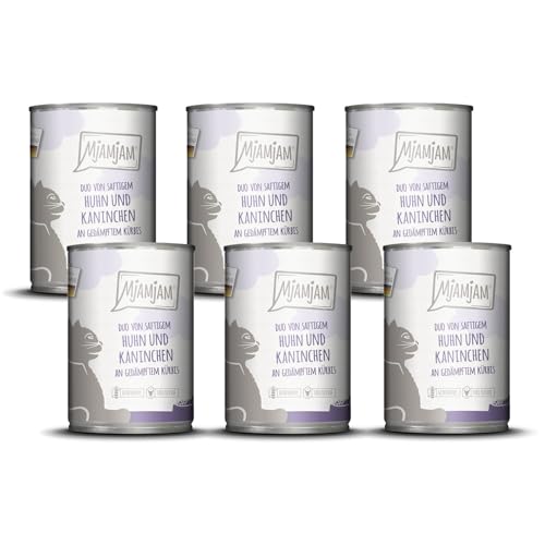 MjAMjAM - Premium Nassfutter für Katzen - DUO von saftigem Hühnchen & Kaninchen an gedämpftem Kürbis, 6er Pack (6 x 400 g), getreidefrei mit extra viel Fleisch von MjAMjAM