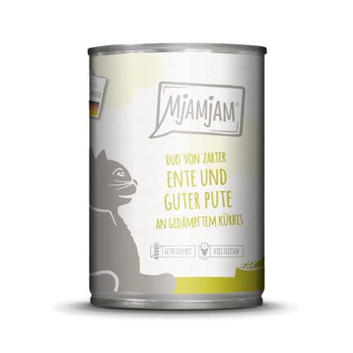 MjAMjAM - Premium Nassfutter für Katzen - Duo aus zarter Ente & guter Pute an gedämpftem Kürbis, 1er Pack (1 x 400 g), getreidefrei mit extra viel Fleisch von MjAMjAM