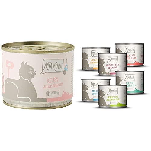 MjAMjAM - Premium Nassfutter für Katzen - Kitten saftiges Hühnchen mit Lachsöl, 6er Pack (6 x 200 g) & Premium Nassfutter für Katzen - Mixpaket 3, 6er Pack (6 x 200 g) von MjAMjAM