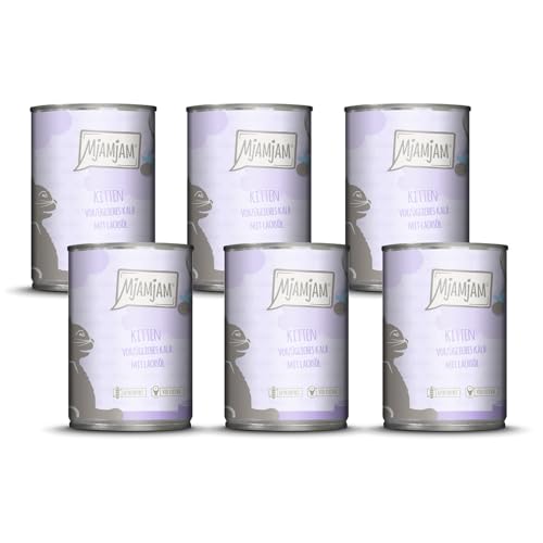 MjAMjAM - Premium Nassfutter für Katzen - Kitten vorzügliches Kalb mit Lachsöl, 6er Pack (6 x 400 g), getreidefrei mit extra viel Fleisch von MjAMjAM