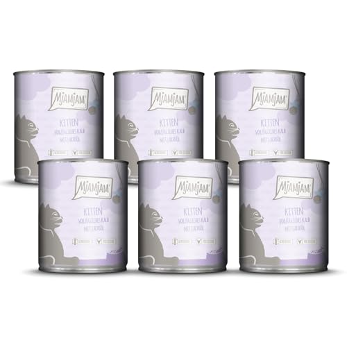 MjAMjAM - Premium Nassfutter für Katzen - Kitten vorzügliches Kalb mit Lachsöl, 6er Pack (6 x 800 g), getreidefrei mit extra viel Fleisch von MjAMjAM