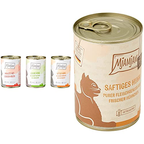 MjAMjAM - Premium Nassfutter für Katzen - Mixpaket 1 - Huhn, Rind, Herzen, 6er Pack (6 x 400 g), getreidefrei mit extra viel Fleisch & purer Fleischgenuss - saftiges Hühnchen pur, 6er Pack (6 x 400g) von MjAMjAM