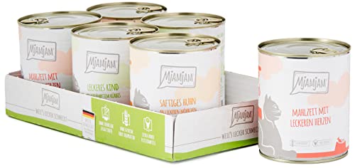 MjAMjAM - Premium Nassfutter für Katzen - Mixpaket I - Huhn, Rind, Herzen, 6er Pack (6 x 800g), getreidefrei mit extra viel Fleisch von MjAMjAM