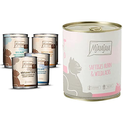 MjAMjAM - Premium Nassfutter für Katzen - Mixpaket 5 - Purer Fleischgenuss, (6 x 800 g), 1108M7 & Premium Nassfutter für Katzen - saftiges Huhn und wildlachs, 6er Pack (6 x 800 g) von MjAMjAM