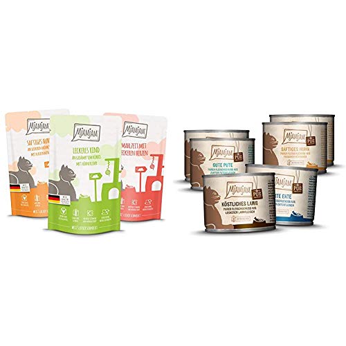 MjAMjAM - Premium Nassfutter für Katzen - Mixpaket I - Huhn, Rind, Herzen, 12er Pack (12 x 125 g) & Premium Nassfutter für Katzen - Mixpaket V - Purer Fleischgenuss, 6er Pack (6 x 200 g) von MjAMjAM