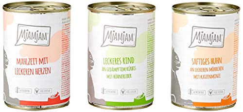 MjAMjAM - Premium Nassfutter für Katzen - Mixpaket I - Huhn, Rind, Herzen, 6er Pack (6 x 400 g), getreidefrei mit extra viel Fleisch von MjAMjAM