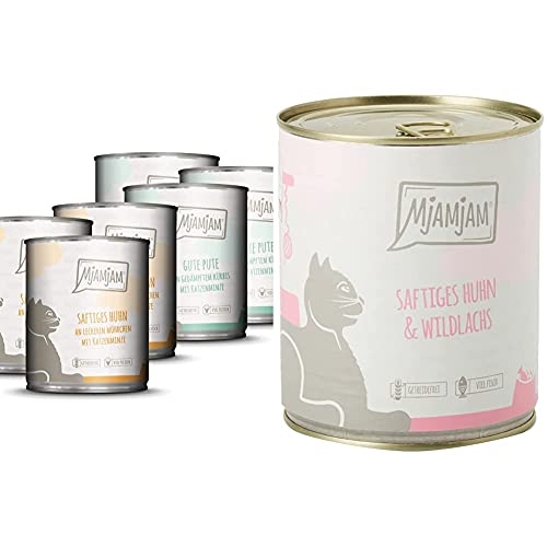 MjAMjAM - Premium Nassfutter für Katzen - Monopaket 1 - mit Huhn und Pute, 6er Pack (6 x 800 g) & Premium Nassfutter für Katzen - saftiges Huhn und wildlachs, 6er Pack (6 x 800 g) von MjAMjAM