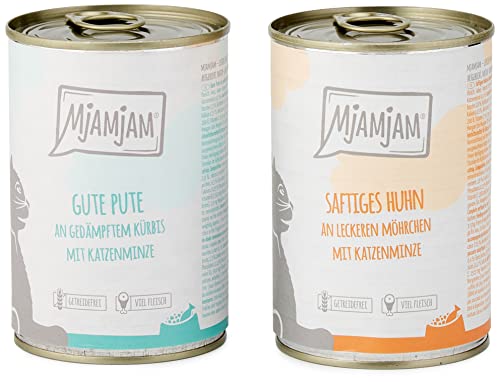 MjAMjAM - Premium Nassfutter für Katzen - Monopaket I - mit Huhn und Pute, 6er Pack (6 x 400 g), getreidefrei mit extra viel Fleisch von MjAMjAM