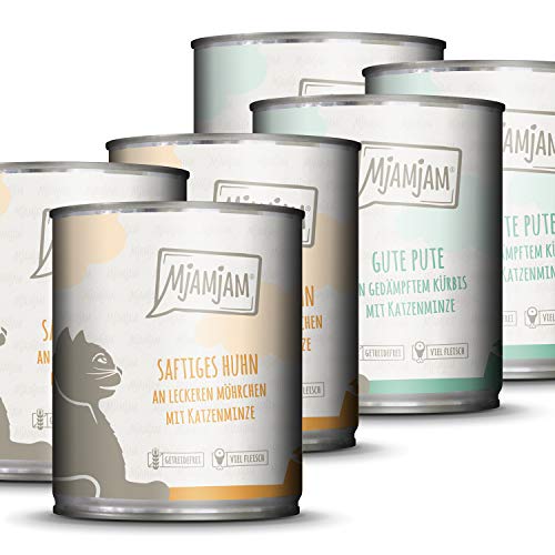 MjAMjAM - Premium Nassfutter für Katzen - Monopaket I - mit Huhn und Pute, 6er Pack (6 x 800 g), getreidefrei mit extra viel Fleisch von MjAMjAM