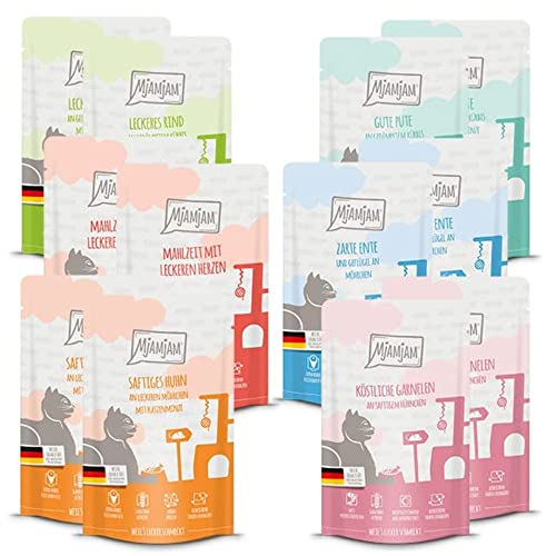 MjAMjAM - Premium Nassfutter für Katzen - Probierpaket, 12er Pack (12 x 125 g), getreidefrei mit extra viel Fleisch von MjAMjAM