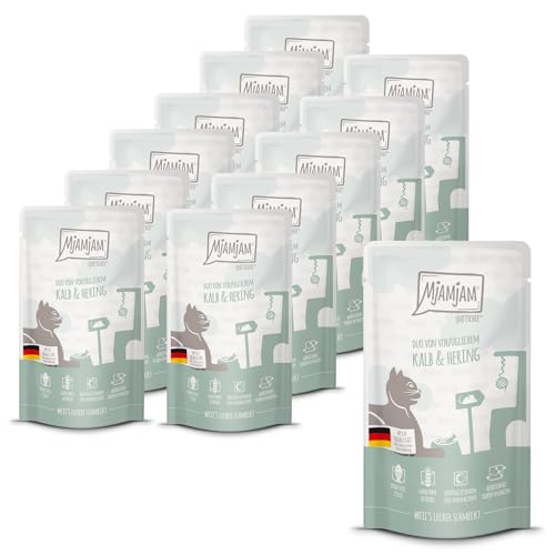 MjAMjAM - Premium Nassfutter für Katzen - Quetschie - DUO von vorzüglichem Kalb & Hering, 12er Pack (12x125g), getreidefrei von MjAMjAM