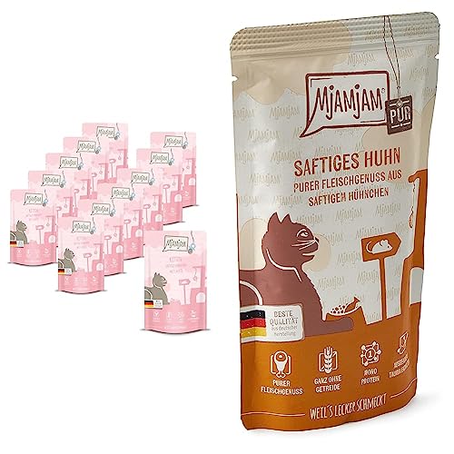 MjAMjAM - Premium Nassfutter für Katzen - Quetschie - Kitten saftiges Hühnchen mit Lachsöl, 12er Pack & - Premium Nassfutter für Katzen - Quetschie - saftiges Hühnchen pur, 12er Pack von MjAMjAM