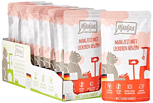 MjAMjAM - Premium Nassfutter für Katzen - Quetschie - Mahlzeit mit leckeren Herzen, 12er Pack (12 x 125 g), getreidefrei mit extra viel Fleisch von MjAMjAM