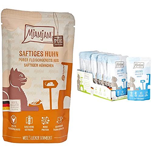 MjAMjAM - Premium Nassfutter für Katzen - Quetschie - Pure - Hühnchen (12 x 125 g) & Premium Nassfutter für Katzen - Quetschie - zarte Ente & Geflügel an leckeren Möhrchen (12 x 125 g) von MjAMjAM
