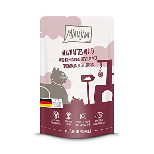 MjAMjAM - Premium Nassfutter für Katzen - Quetschie - herzhaftes Wild & Kaninchen an fruchtigen Heidelbeeren, 1er Pack (1 x 125 g), getreidefrei mit extra viel Fleisch von MjAMjAM