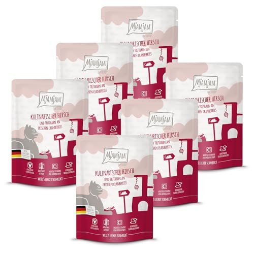 MjAMjAM - Premium Nassfutter für Katzen - Quetschie kulinarischer Hirsch und Truthahn an frischen Cranberries 300g, 6er Pack (6 x 300g), naturbelassen mit extra viel Fleisch von MjAMjAM