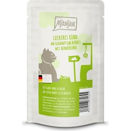 MjAMjAM - Premium Nassfutter für Katzen - Quetschie - leckeres Rind an gedämpftem Kürbis, 1er Pack (1 x 125 g), getreidefrei mit extra viel Fleisch von MjAMjAM