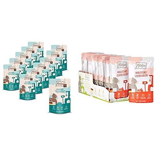 MjAMjAM - Premium Nassfutter für Katzen - Quetschie - purer Fleischgenuss - Gute Pute pur (12 x 125 g) & Premium Nassfutter für Katzen - Quetschie - Mahlzeit mit leckeren Herzen (12 x 125 g) von MjAMjAM