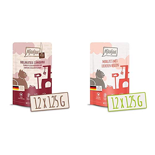 MjAMjAM - Premium Nassfutter für Katzen - Quetschie - purer Fleischgenuss - zartes Känguru pur, 12er Pack (12 x 125 g), getreidefrei mit extra viel Fleisch & Premium Nassfutter für Katzen von MjAMjAM
