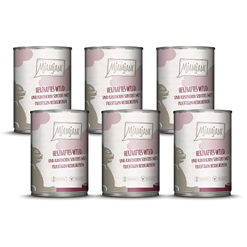 MjAMjAM - Premium Nassfutter für Katzen - herzhaftes Wild & Kaninchen an fruchtigen Heidelbeeren, 6er Pack (6 x 400 g), getreidefrei mit extra viel Fleisch von MjAMjAM