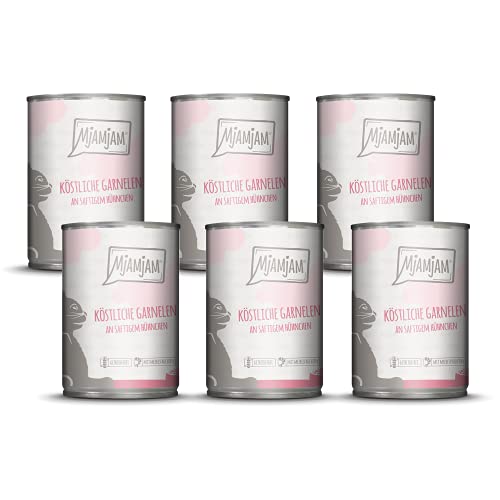 MjAMjAM - Premium Nassfutter für Katzen - köstliche Garnelen an saftigem Hühnchen, 6er Pack (6 x 400 g), getreidefrei mit extra viel Fleisch von MjAMjAM