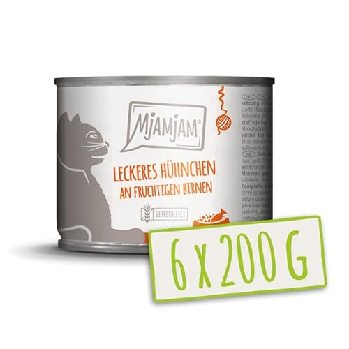 MjAMjAM – Premium Nassfutter für Katzen - leckeres Hühnchen an fruchtigen Birnen 200g, 6er Pack (6 x 200g), naturbelassen mit extra viel Fleisch von MjAMjAM