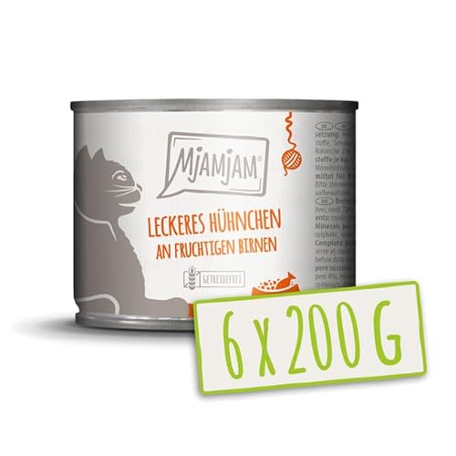 MjAMjAM – Premium Nassfutter für Katzen - leckeres Hühnchen an fruchtigen Birnen 200g, 6er Pack (6 x 200g), naturbelassen mit extra viel Fleisch von MjAMjAM