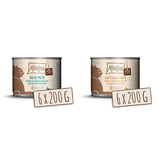 MjAMjAM - Premium Nassfutter für Katzen - Pute pur, 6er Pack (6 x 200 g), getreidefrei mit extra viel Fleisch & Premium Nassfutter für Katzen - purer Fleischgenuss von MjAMjAM