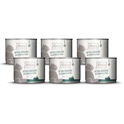 MjAMjAM – Premium Nassfutter für Katzen - saftiges Hühnchen an gedämpftem Spinat 200g, 6er Pack (6 x 200g), naturbelassen mit extra viel Fleisch von MjAMjAM