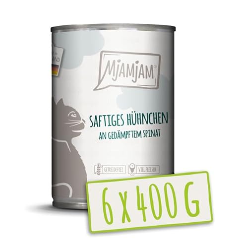 MjAMjAM – Premium Nassfutter für Katzen - saftiges Hühnchen an gedämpftem Spinat 400g, 6er Pack (6 x 400g), naturbelassen mit extra viel Fleisch von MjAMjAM