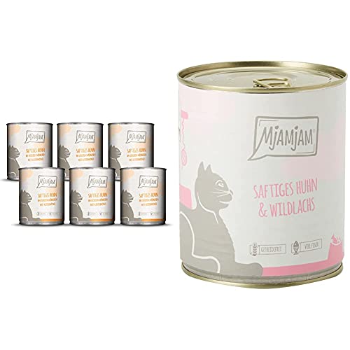 MjAMjAM - Premium Nassfutter für Katzen - saftiges Huhn an leckeren Möhrchen, 6er Pack (6 x 800 g) & Premium Nassfutter für Katzen - saftiges Huhn und wildlachs, 6er Pack (6 x 800 g) von MjAMjAM
